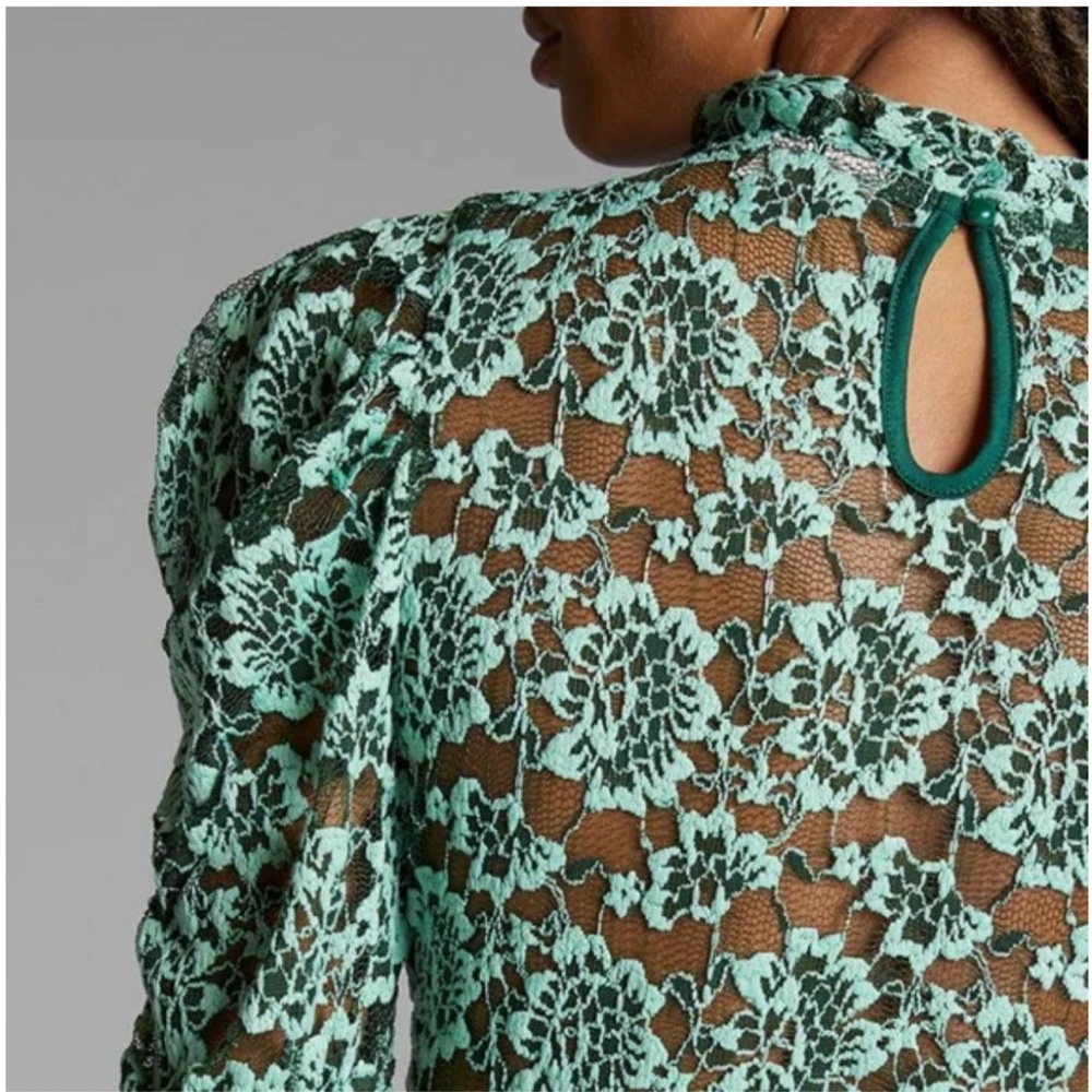 Anthropologie Mint Green Floral Lace Long-Sleeve Mock Neck Top - Picture 5 of 10